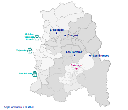 Mapa del proyecto de Anglo American H2V para el Valle Central.